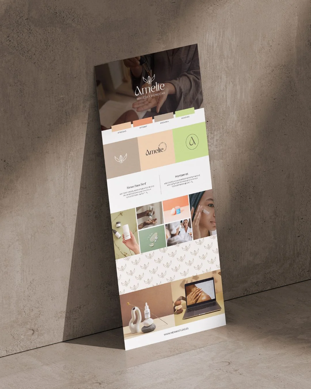 Un póster vertical, apoyado contra una pared de hormigón, presenta el "Plantilla Brand Board" de cuidado de la piel. Muestra imágenes de productos, una mujer aplicándose crema y un logotipo sereno con un diseño en suaves tonos pastel.